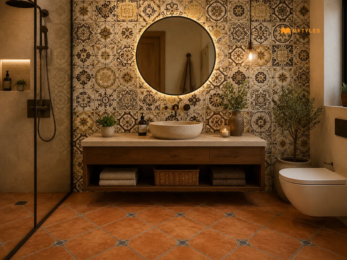 Moroccan Wall Tile with Porcelain Terracotta Octagonal Floor